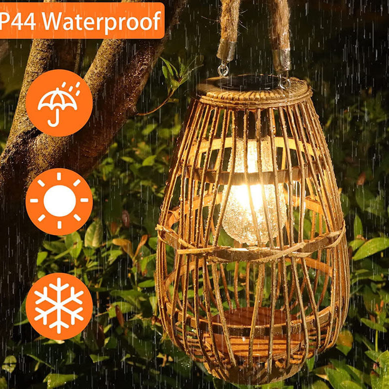 Contemporary Retro Hemp Rope Rattan Weaving Cage LED Solar Waterproof Standing Floor Lamp For Garden