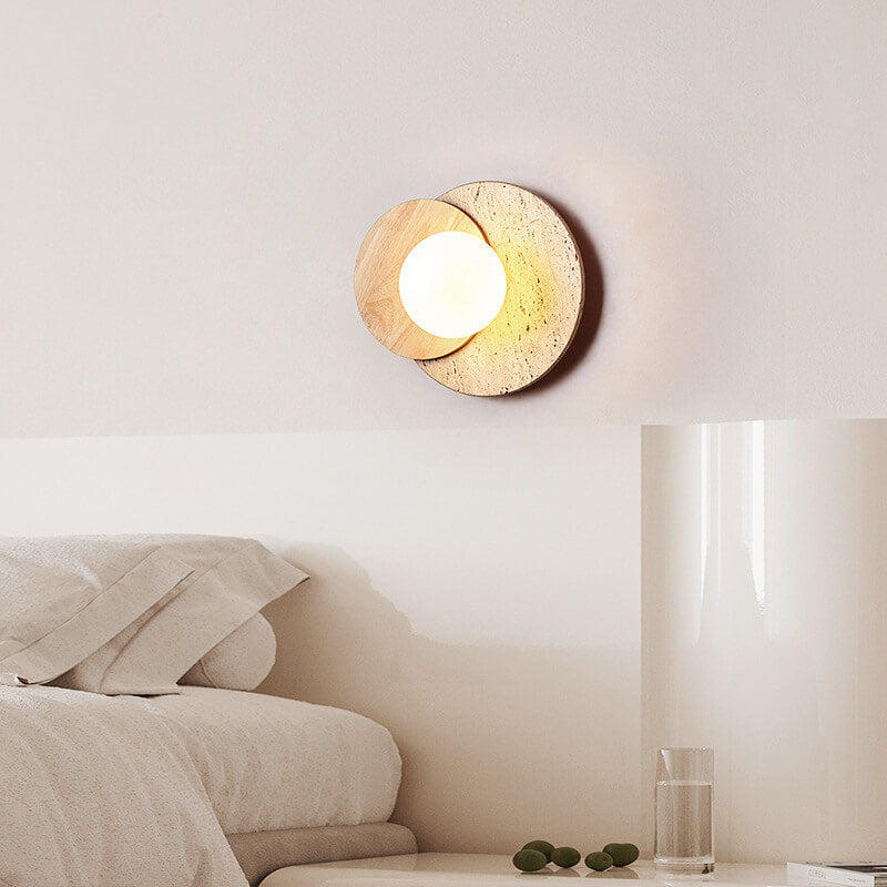 Modern Minimalist Round Wood Stone 1 Light Wall Sconce Lamp