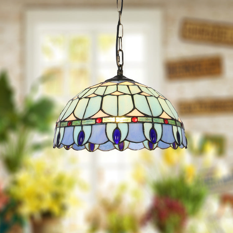 Traditional Tiffany Mediterranean Half Round Stained Glass 1 Light Pendant Light For Bedroom