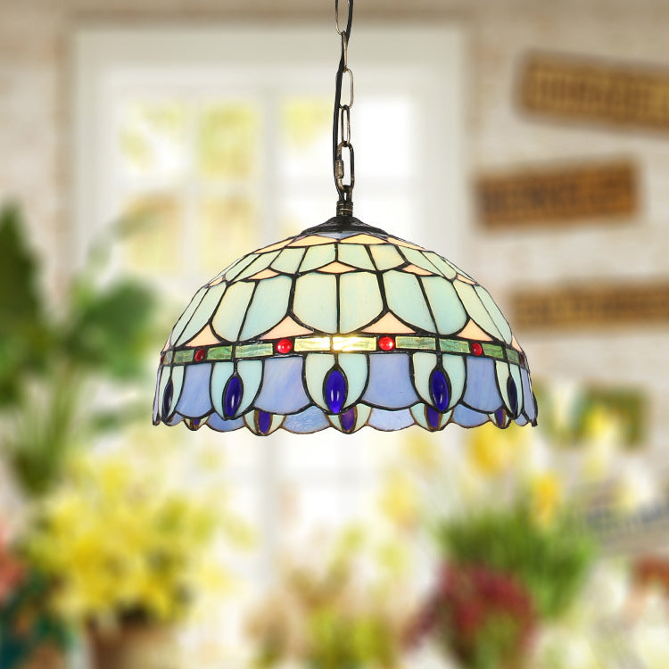Traditional Tiffany Mediterranean Half Round Stained Glass 1-Light Pendant Light For Bedroom