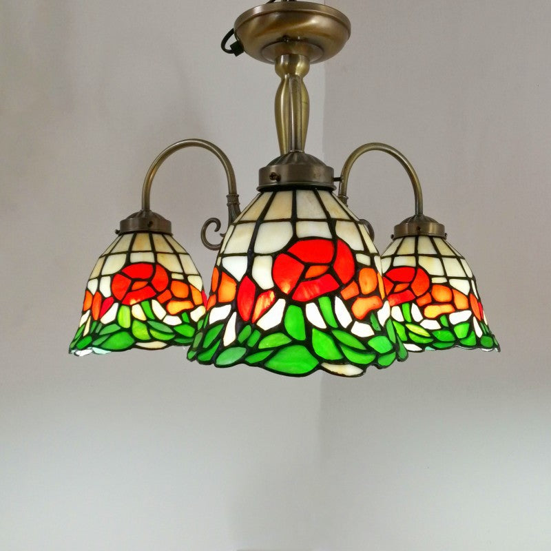 Traditional Tiffany European Rose Stained Glass Bell 3-Light Chandelier For Bedroom