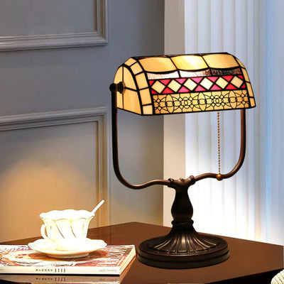 Traditional Tiffany Geometric Stained Glass Bank Pull Cord 1-Light Table Lamp For Home Office