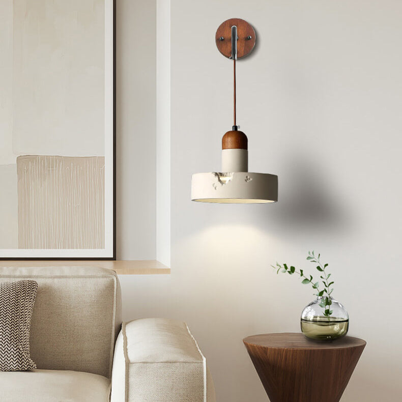 Japanese Wabi-Sabi Solid Wood Cement Round 1-Light Wall Sconce