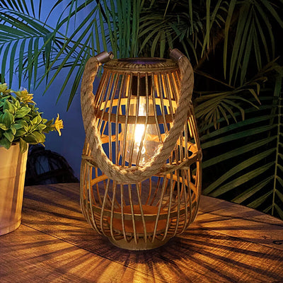 Contemporary Retro Hemp Rope Rattan Weaving Cage LED Solar Waterproof Standing Floor Lamp For Garden