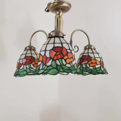 Traditional Tiffany European Rose Stained Glass Bell 3-Light Chandelier For Bedroom