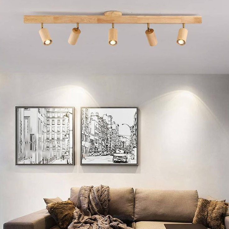 Japanese Minimalist Wooden Track Lighting LED 2 3 4 5 Light Semi Flush Mount Ceiling Light