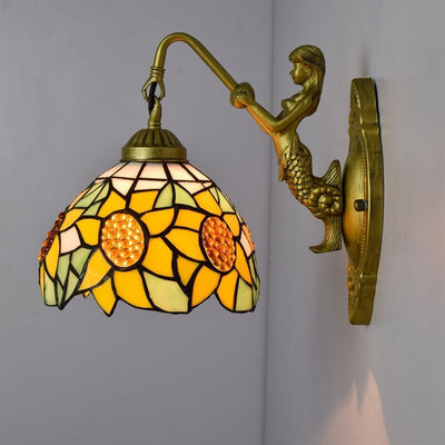 European Vintage Tiffany Sun Flower Stained Glass 1-Light Wall Sconce Lamp