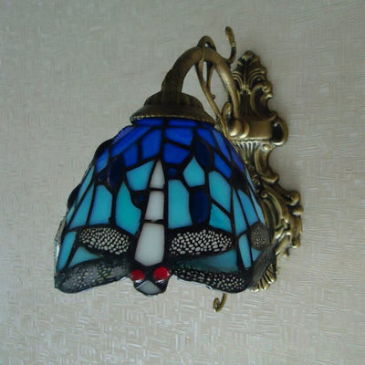 Tiffany Handmade Stained Glass Dragonfly 1-Light Wall Sconce Lamp