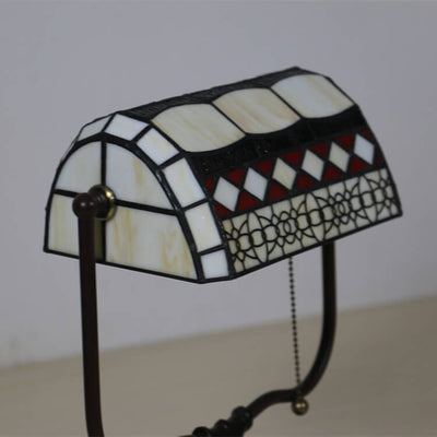 Traditional Tiffany Geometric Stained Glass Bank Pull Cord 1-Light Table Lamp For Home Office