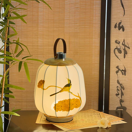 Traditional Chinese Fabric Lantern Shade Wood USB LED Table Lamp