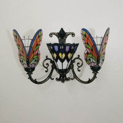 Traditional Tiffany European Butterfly Stained Glass 3-Light Wall Sconce Lamp For Hallway