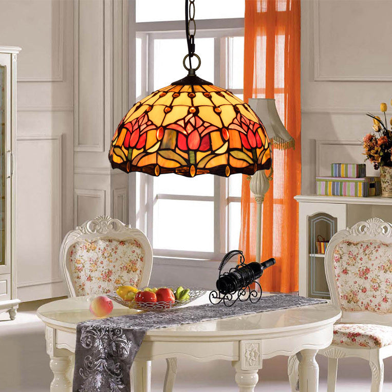 Traditional Tiffany Dome Flower Stained Glass Shade Iron 1-Light