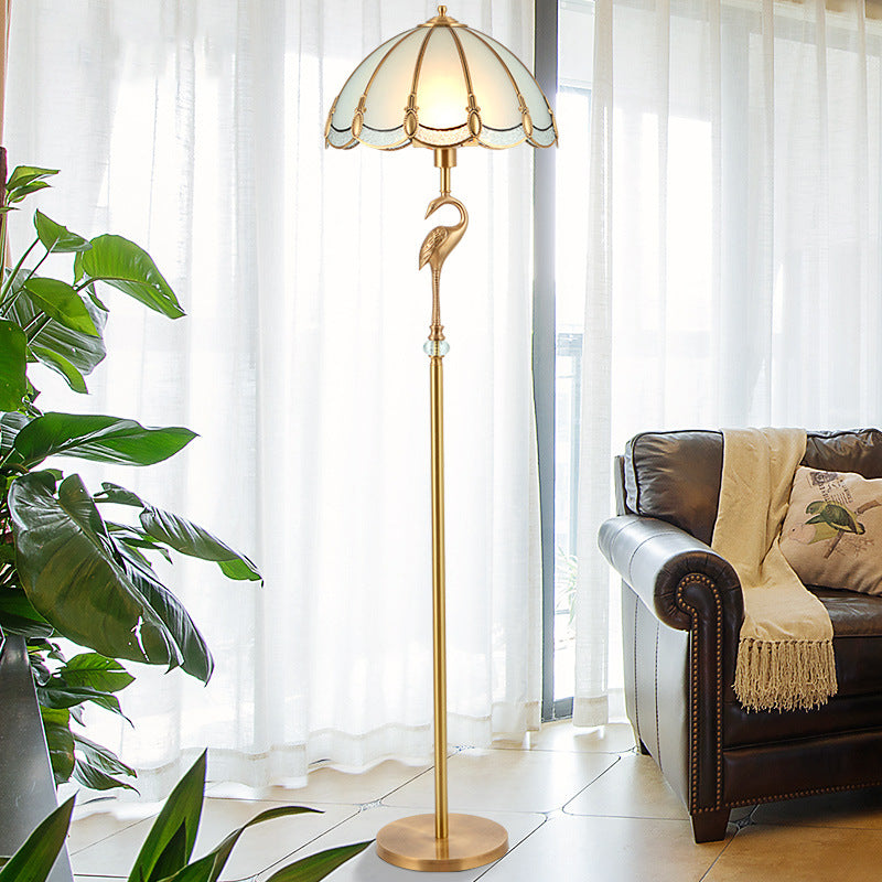 Traditional Vintage Round Cone Copper Glass 1 Light Standing Floor Lamp For Bedroom