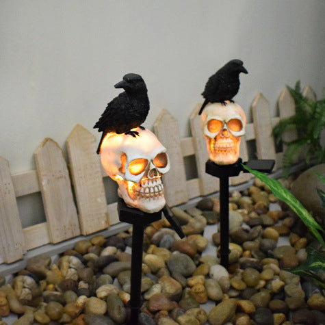 Figurine Corbeau Sur Crâne Avec Lanterne Solaire - Déco Halloween, Résine, éclairage Automatique