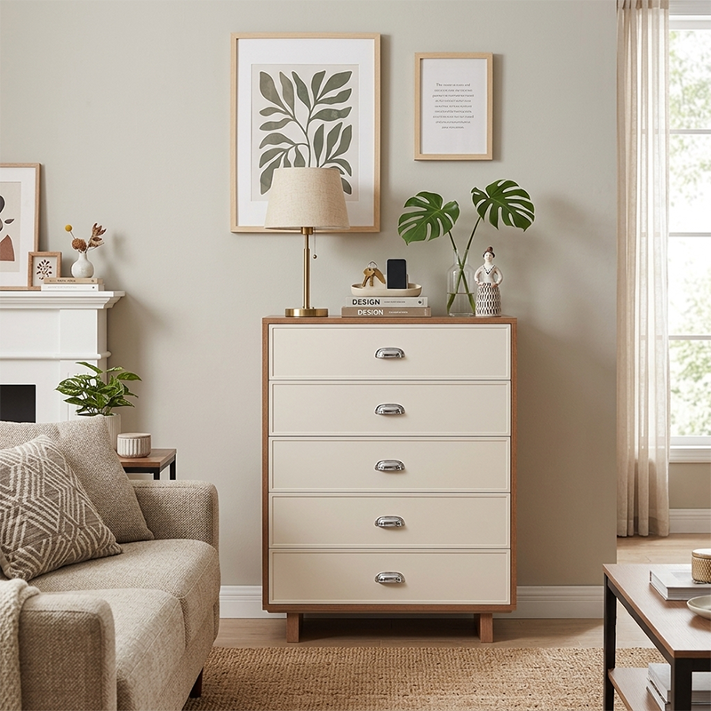 Scandinavian Style Wood Grain Finish Storage Cabinet: 5-Drawer Dresser Cabinet