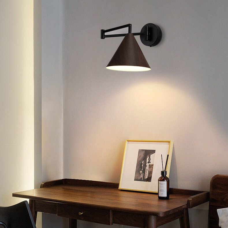 Nordic Minimalist Cone Swing Arm Wood Grain Iron 1-Light Wall Sconce Lamp