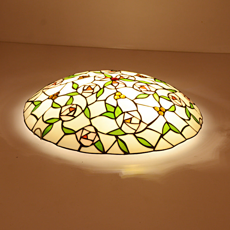 Vintage Tiffany Rose Round Stained Glass Copper 2/3 Light Flush Mount Ceiling Light