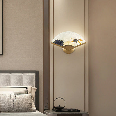 Modern Chinese Glass Folding Fan Shaped Brass LED Wall Sconce Lamp