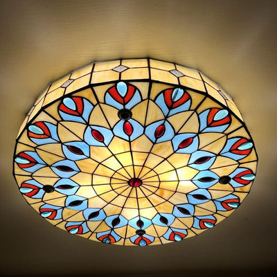 Vintage Tiffany Mediterranean Round Stained Glass 3/4/6 Light Flush Mount Ceiling Light