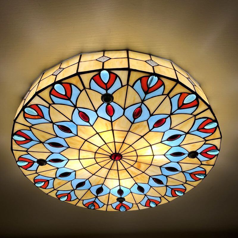 Vintage Tiffany Mediterranean Round Stained Glass 3/4/6 Light Flush Mount Ceiling Light