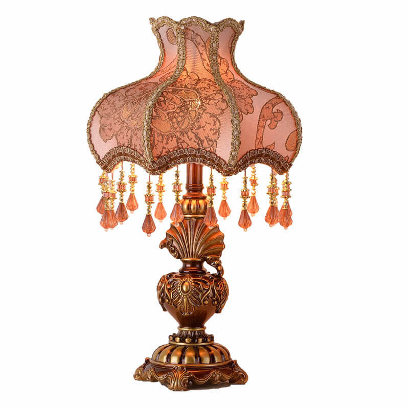European Vintage Peach Fabric Tassel 1-Light Palace Table Lamp