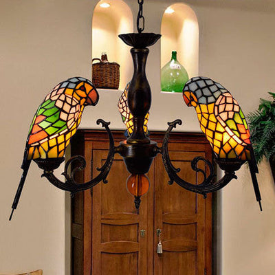 Tiffany Vintage Parrot Hardware Stained Glass 1/3 Light Chandelier