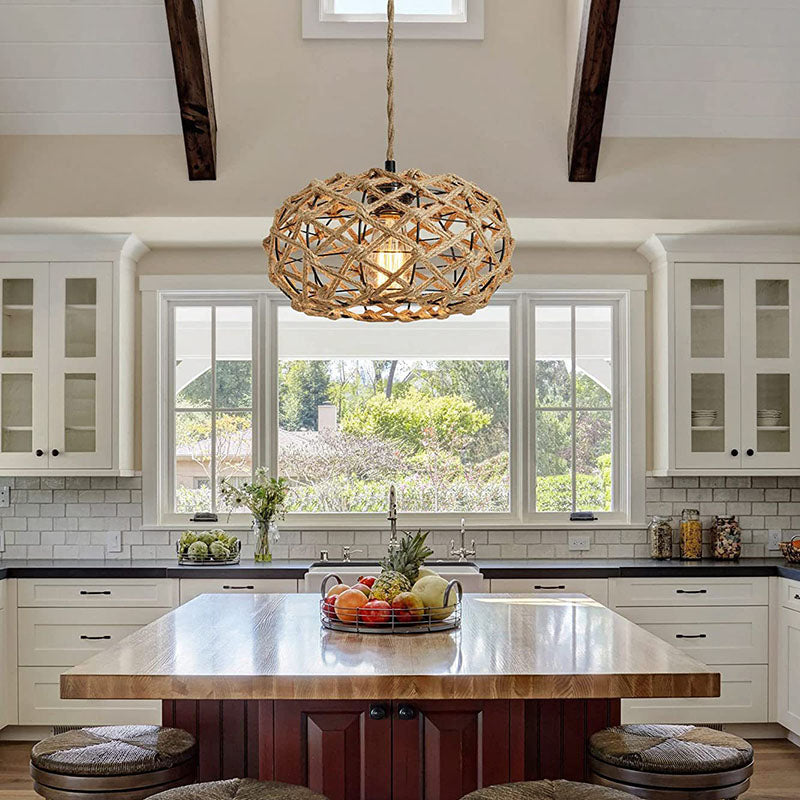 Traditional Rustic Hemp Rope Weaving Iron Cage 1 Light Pendant Light For Kitchen