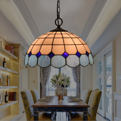 Tiffany Vintage Gemstone Stained Glass Dome 3-Light Pendant Light