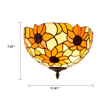 Vintage Tiffany Sunflower Stained Glass 2-Light Flush Mount Ceiling Light