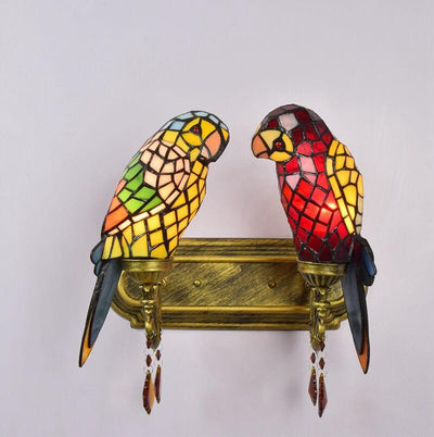 Tiffany Parrot Stained Glass 2-Light Wall Sconce Lamp