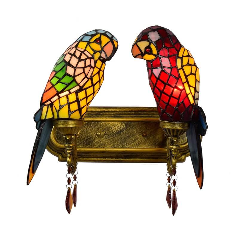 Tiffany Parrot Stained Glass 2-Light Wall Sconce Lamp