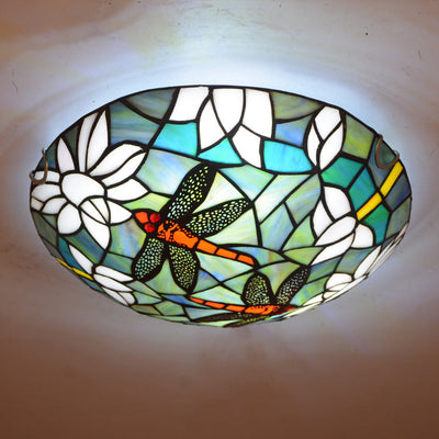 Vintage Tiffany Dragonfly Stained Glass 2/3 Light Flush Mount Ceiling Light