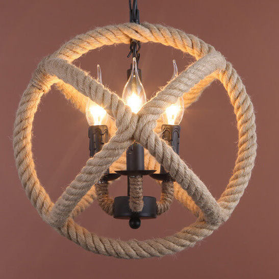 Industrial Hemp Rope Ball 3-Light Candles Chandeliers
