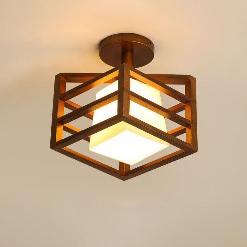Simple Walnut Solid Wood Frame 1 Light Semi Flush Mount Ceiling Light
