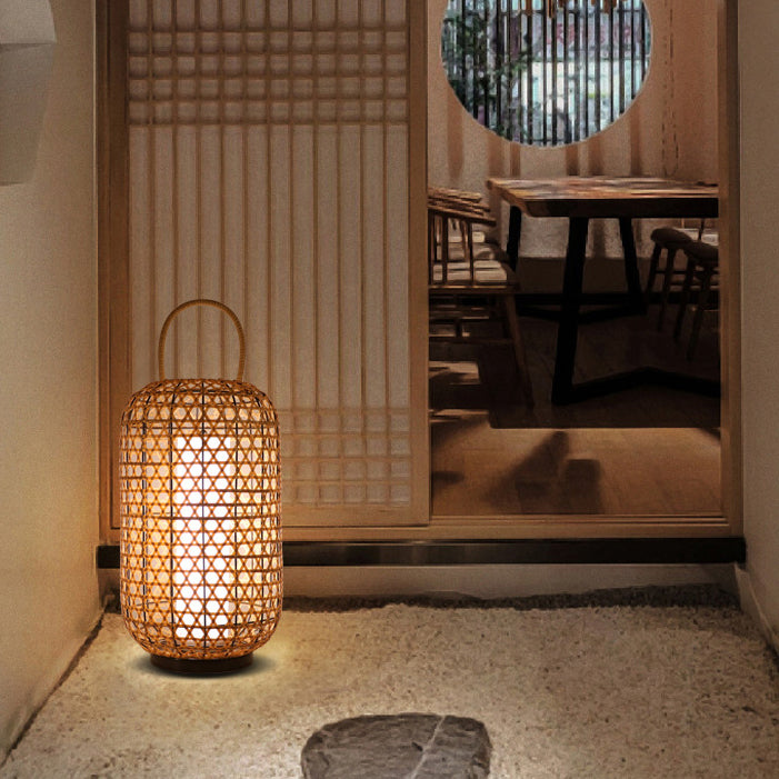Modern Rattan Weaving Cylinder Outdoor Waterproof Floor Lamp