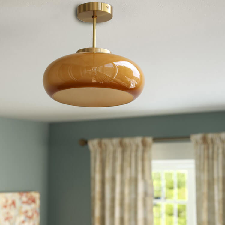 Vintage Brass Yellow Glass 1-Light Semi-Flush Mount Ceiling Light
