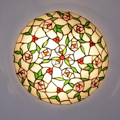 Vintage Tiffany Rose Round Stained Glass Copper 2/3 Light Flush Mount Ceiling Light