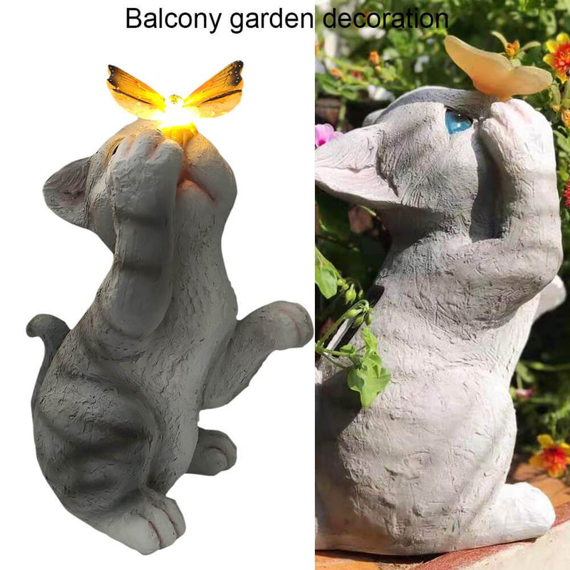 Garden Statue Solar Cat Resin with Butterfly Resin Outdoor Waterproof Decorative LED Night Light