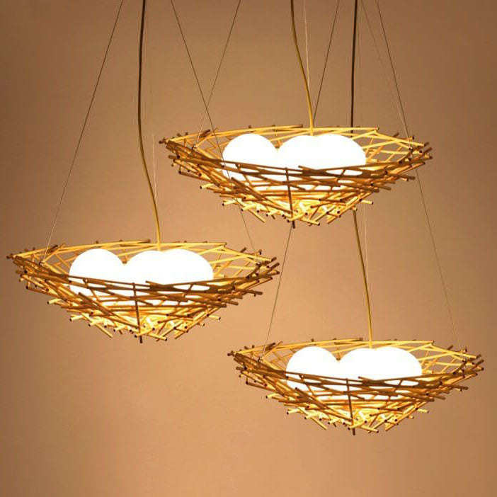 Rattan Weaving Bird Nest Shaped 3 Light Chandelier BulbSquare