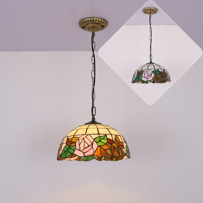Vintage Tiffany Rose Stained Glass Dome 1-Light Pendant Light