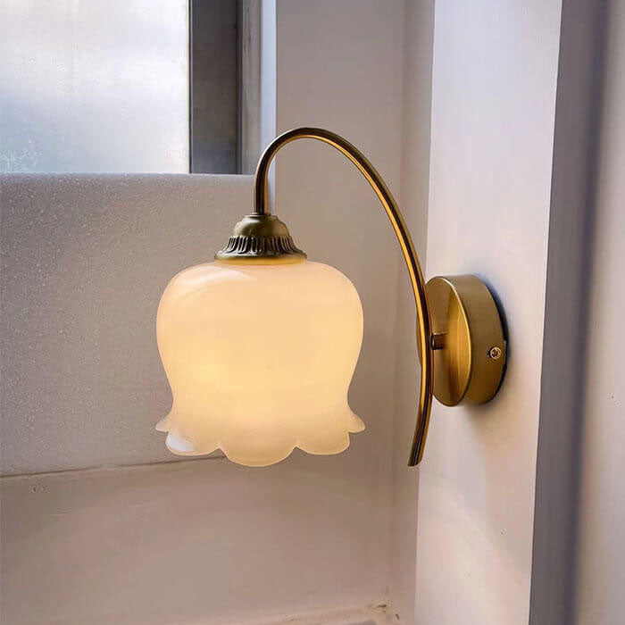 Vintage Cream Petal Glass Copper Iron 1-Light Wall Sconce Lamp