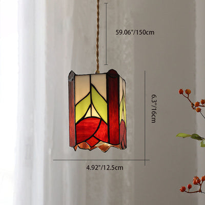 Traditional Tiffany Trapezoidal Rectangle Rose Brass Stained Glass 1-Light Pendant Light For Living Room