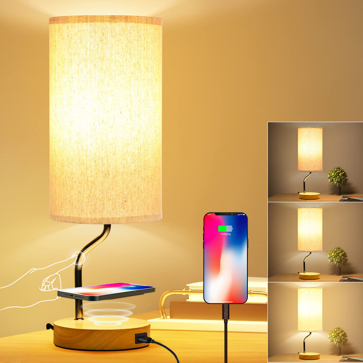 Simple Wooden Fabric Wireless Rechargeable USB 1-Light Touch Dimmable ...