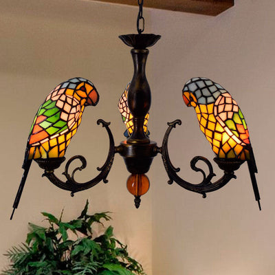 Tiffany Vintage Parrot Hardware Stained Glass 1/3 Light Chandelier