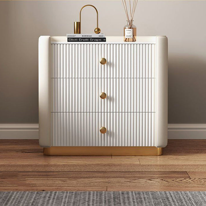 Modern Minimalist Rectangular Round Corner Pine Wood Rock Slab Microfiber Leather Stainless Steel Nightstand 3-Drawer For Bedroom