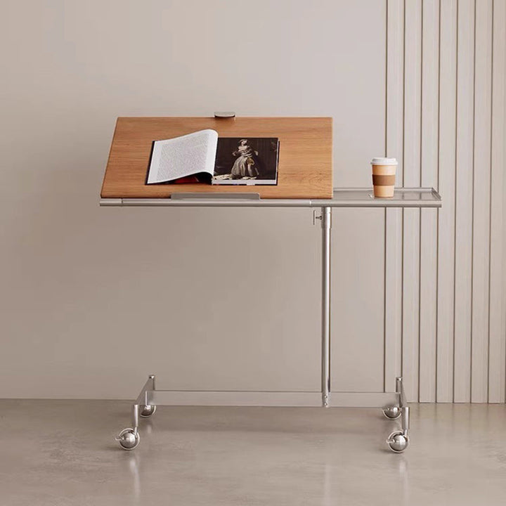 Contemporary Nordic Rectangular Round Pole Solid Wood Stainless Steel Liftable Side Table For Living Room