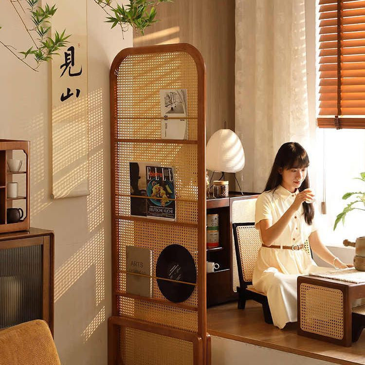 Traditional Chinese Rubberwood Solid Wood PE Rattan Room Divider With 3-Tier Storage Shelf For Living Room