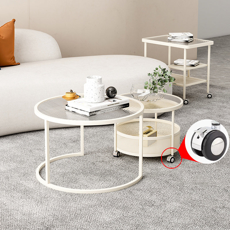 Contemporary Nordic Round Combination Glass Carbon Steel Metal Coffee Table 2-Tier Movable For Living Room