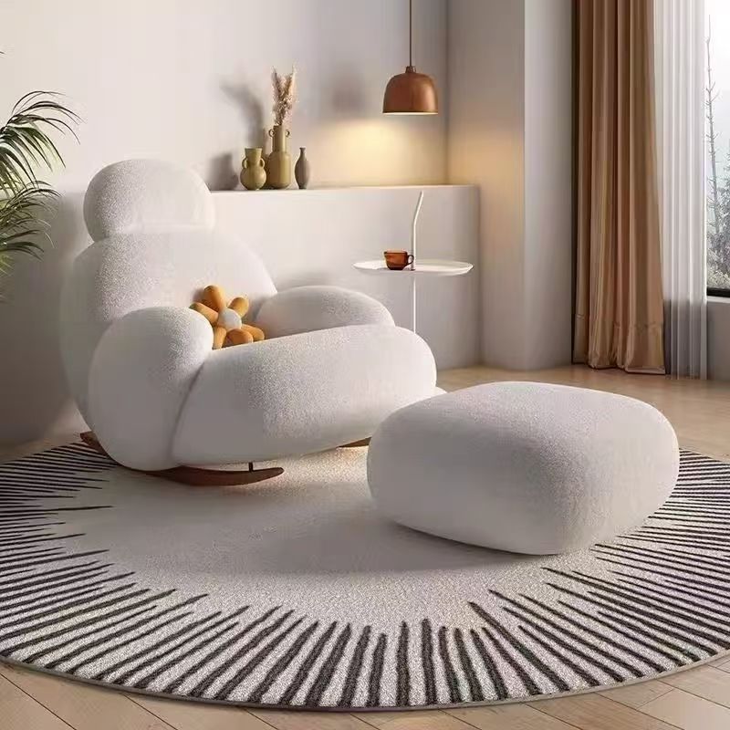Chaise d’appoint moderne minimaliste ovale en bois massif et acier carbone avec dossier et accoudoirs en laine d’agneau pour salon 