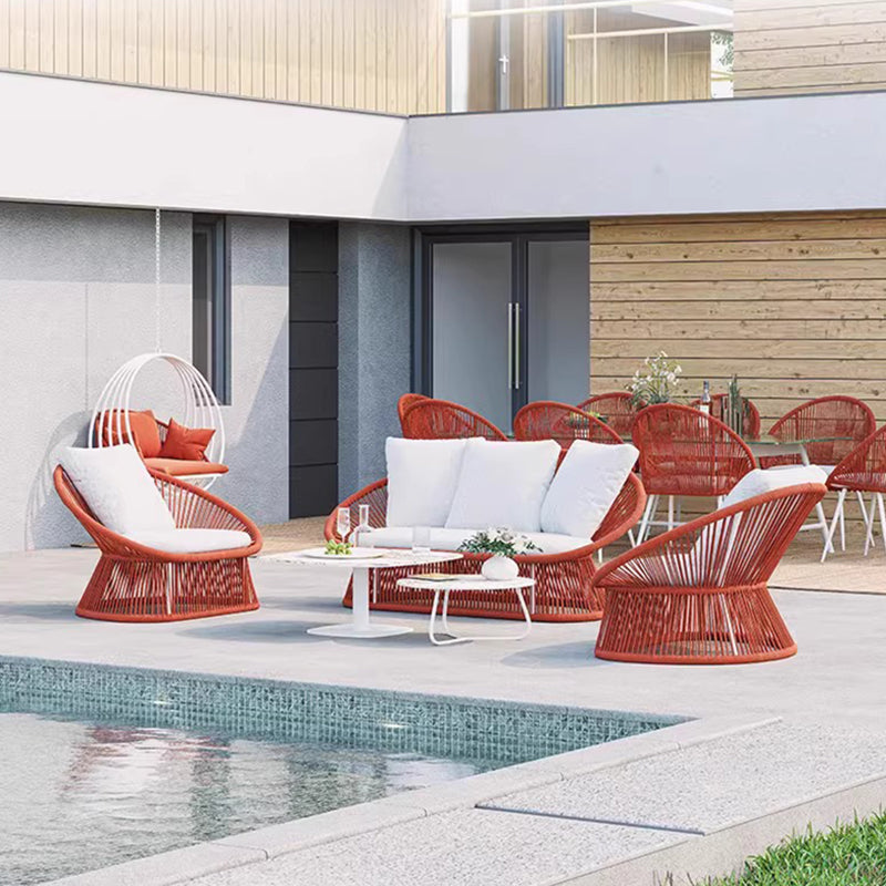 Contemporary Boho Waterproof Weaving Rattan Rope Sponge Aluminum Alloy Slab Round Elliptical Outdoor Coffee Table &amp; Chair Set For Outdoor Patio